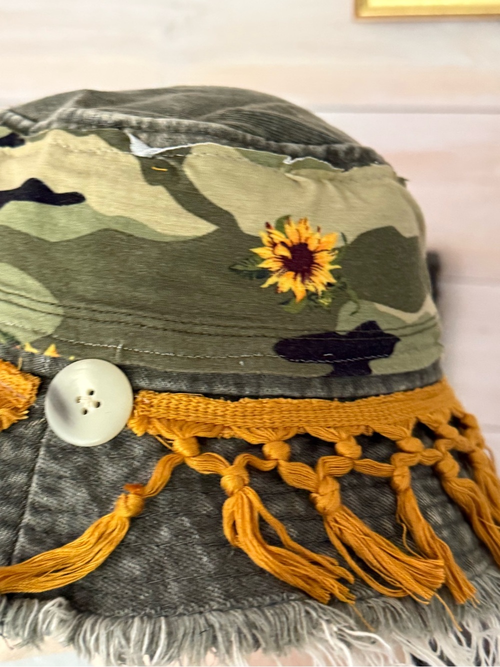 Upcycled green wash cotton bucket Hat camo sunflower fringed New OS - Picture 7 of 8